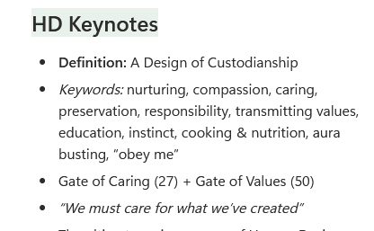 A screenshot from a Notion library showing detailed information about the Human Design Channel 27-50, including the official definition and commonly used keywords.