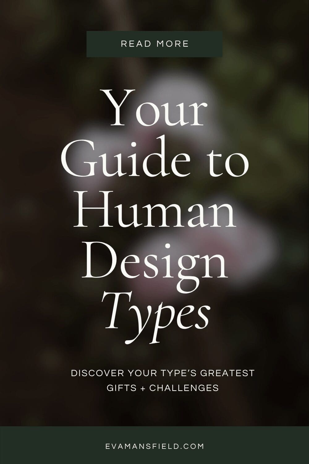 Pinterest graphic for the blog post "Your Guide to Human Design Types" by Eva Mansfield, Human Design analyst at evamansfield.com