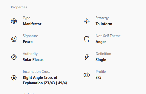 A screenshot of the Jovian Archive chart generator output, showing the basic elements of a Human Design chart (Type, Strategy, Signature, Not-Self Theme, Authority, Definition, Incarnation Cross and Profile).